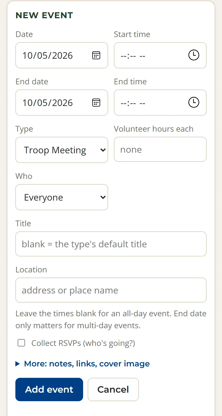 The new event form with date, times, type, volunteer hours, who it's for, title, location, and a box to collect RSVPs