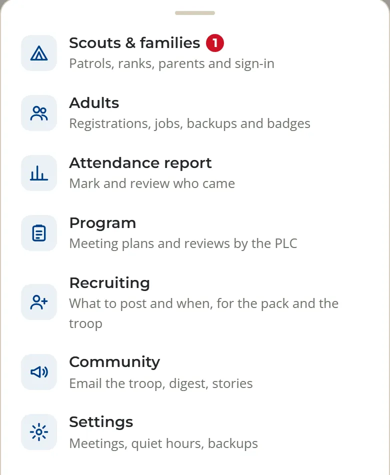The Leaders menu listing Scouts and families, Adults, Attendance report, Program, Recruiting, Community, and Settings