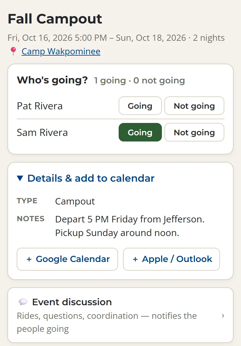 A campout page asking Who's going, with Going and Not going buttons for a parent and their Scout, plus details and calendar buttons