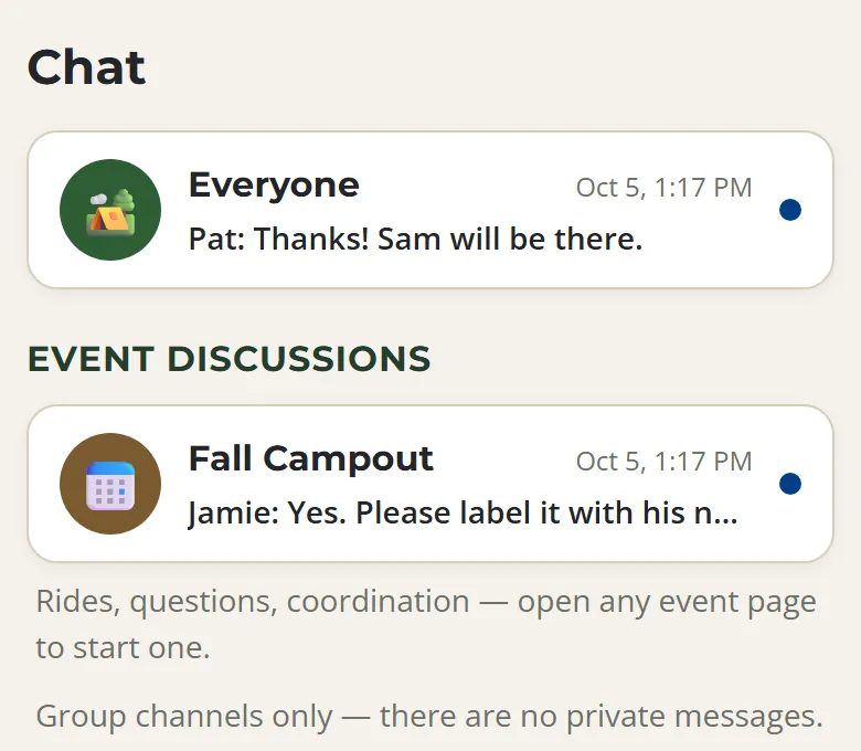The Chat screen with the Everyone channel and a campout's event discussion, and a note that there are no private messages