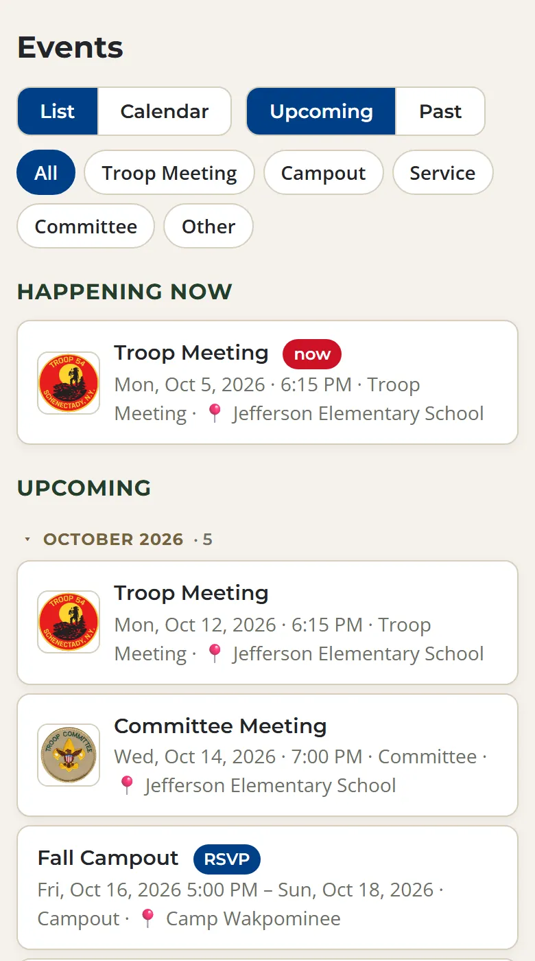 The Events list with tabs for List and Calendar, Upcoming and Past, filters for each kind of event, and upcoming meetings and a campout