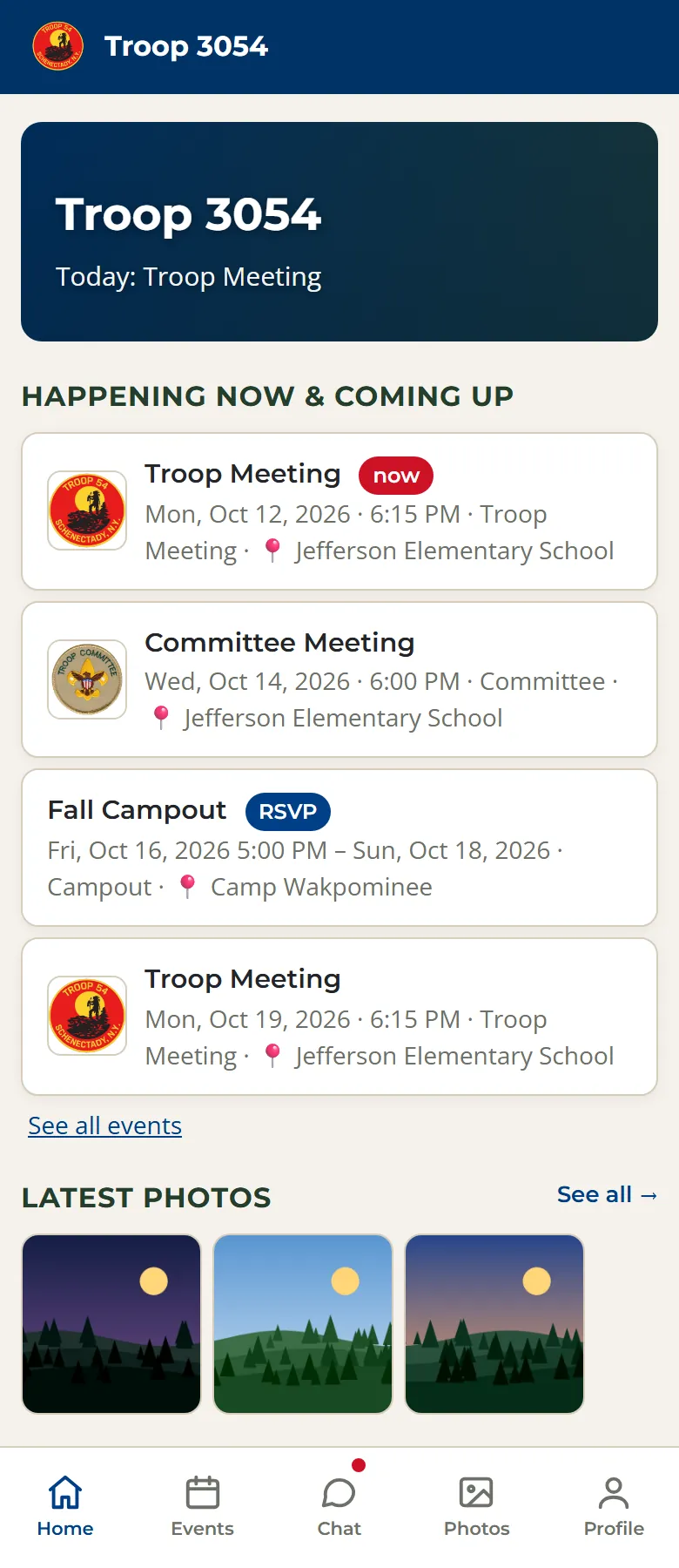 The app's Home screen showing today's troop meeting, upcoming events, and the bar along the bottom with Home, Events, Chat, Photos, and Profile