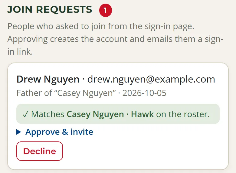 A join request from a parent, showing that the Scout's name they typed matches a Scout on the roster, with Approve and invite and Decline