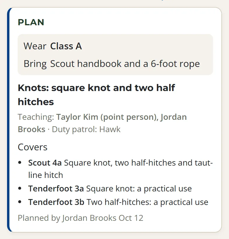 A troop meeting's Plan showing Wear Class A, Bring Scout handbook and a 6-foot rope, the focus on knots, two Scouts teaching, the duty patrol, and the three rank requirements it covers