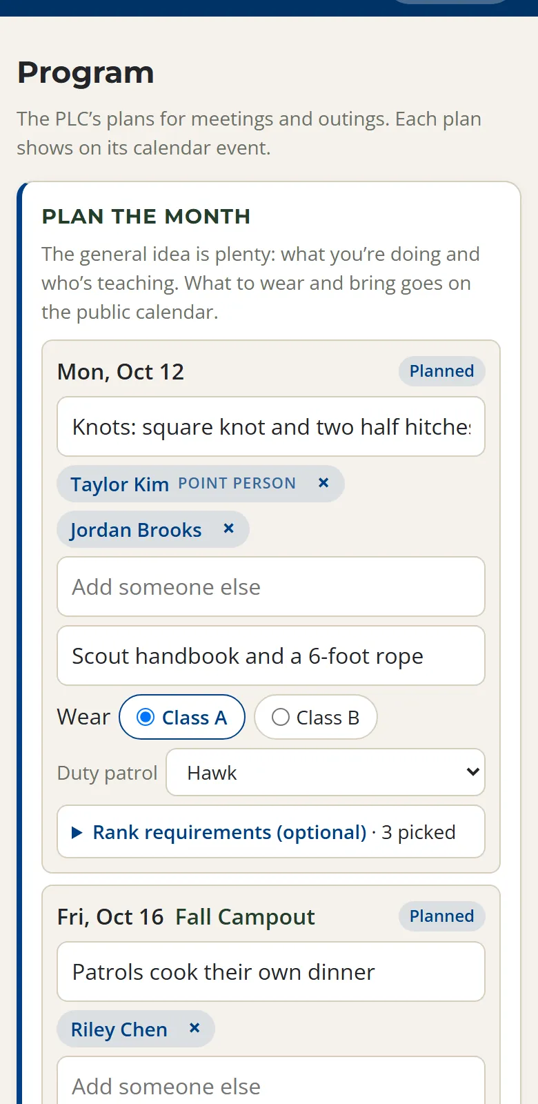 Plan the month on the Program page: a meeting with what we're doing, two Scouts teaching with the first marked point person, what to bring, Class A and Class B buttons, the duty patrol, and three rank requirements picked