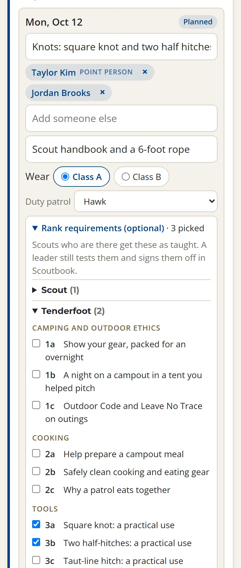 A meeting's plan with Rank requirements open: the Tenderfoot requirements grouped by area, each with a checkbox, and 3a ticked