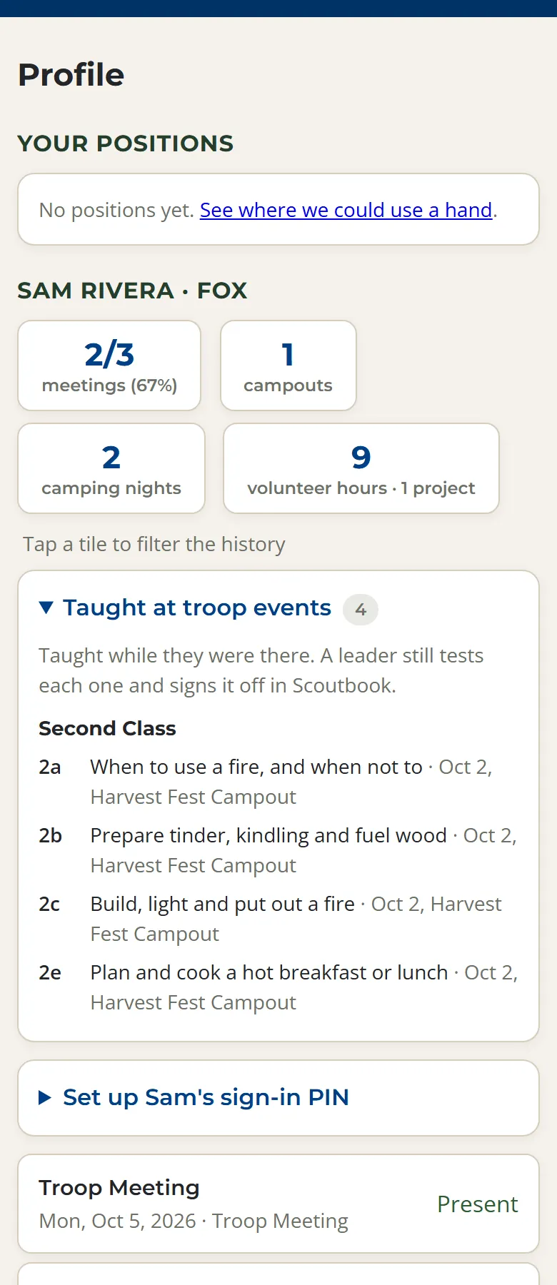 A parent's Profile showing their Scout's meetings, campouts, camping nights, and volunteer hours, the Second Class requirements taught at a campout they went to, a button to set up the Scout's sign-in PIN, and recent events