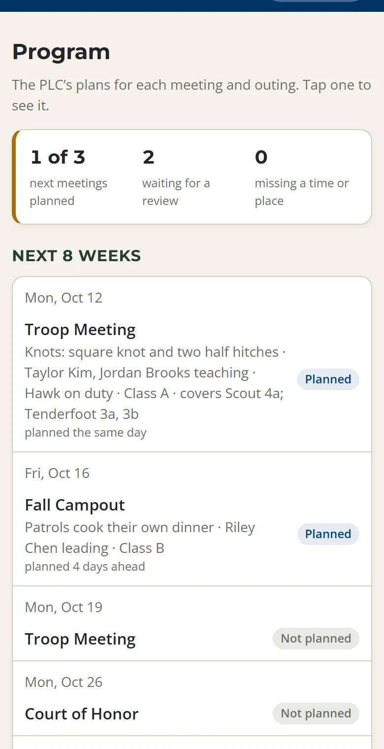 The leaders' view of the Program page: how many of the next meetings are planned, and the next 8 weeks, each marked Planned or Not planned