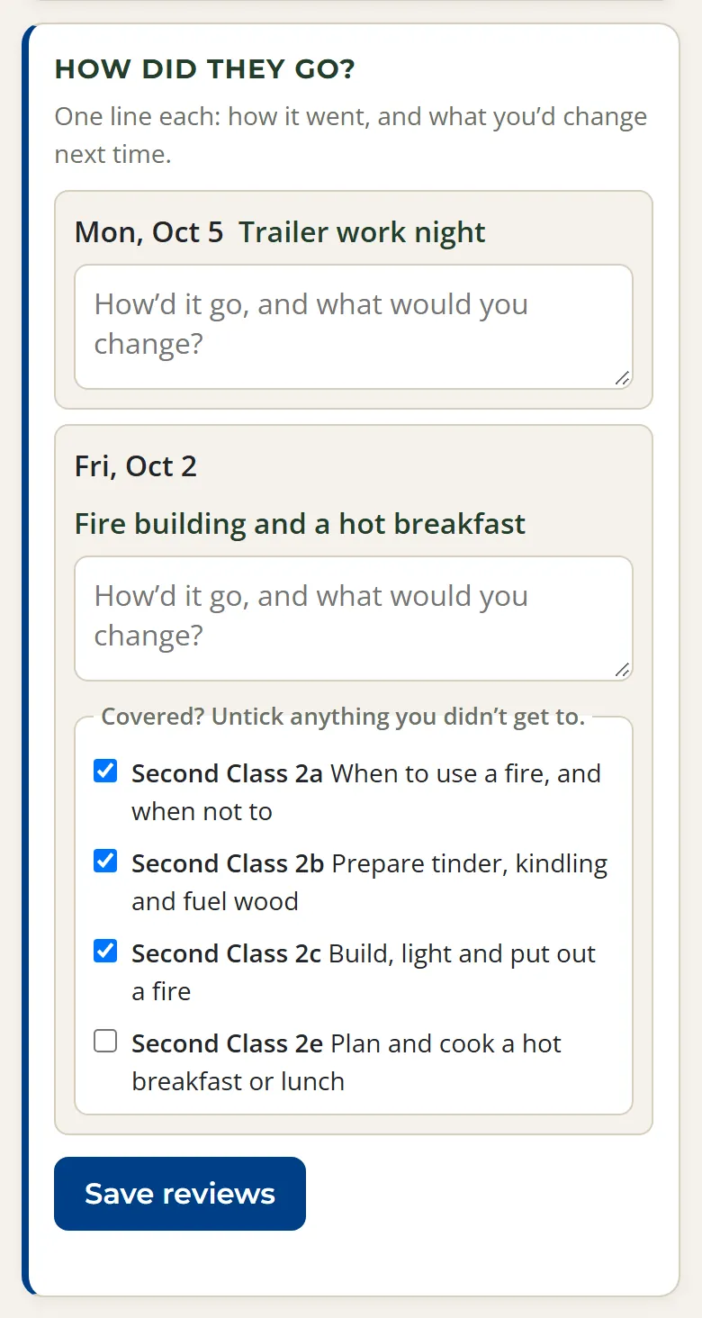How did they go? with a box for each meeting, and under the campout its four Second Class requirements, one of them unticked, then a Save reviews button