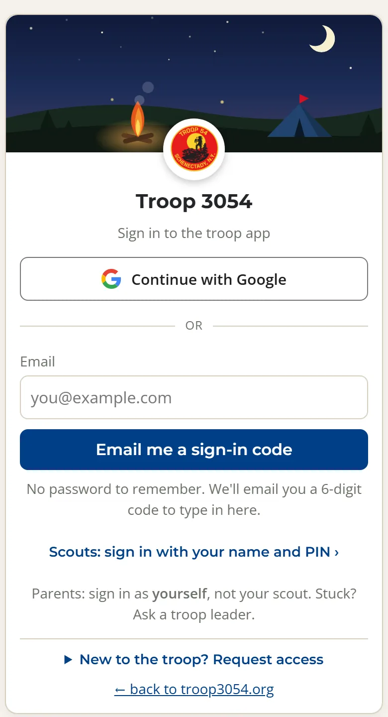 The sign-in screen with Continue with Google, an email box with Email me a sign-in code, and a link for Scouts to sign in with name and PIN